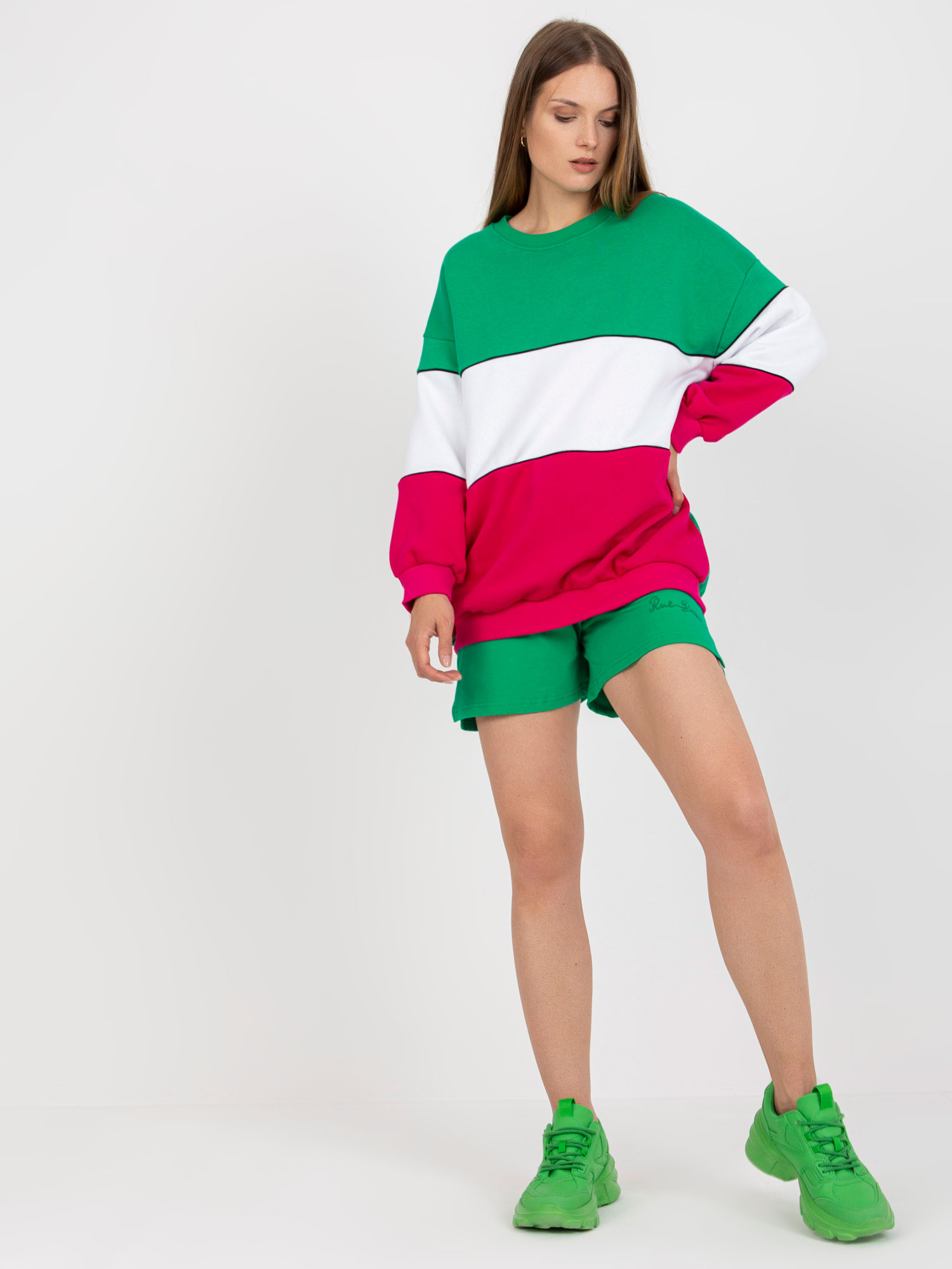Grün-fuchsia Basic Sweatshirt ohne Kapuze RUE PARIS.