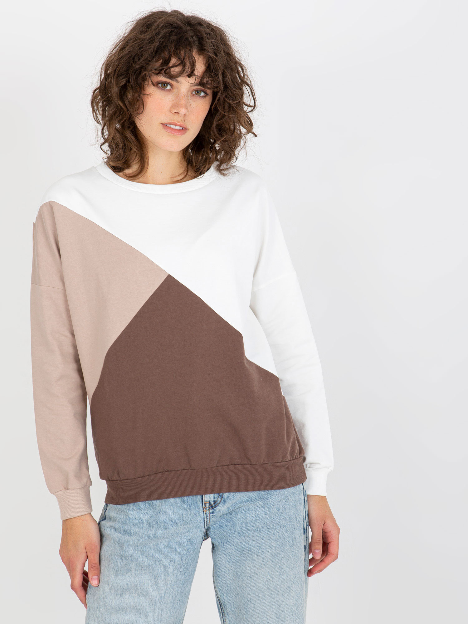 Hurt Biało-brązowa bawełniana bluza basic bez kaptura