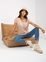 Hurtownia Beżowy damski t-shirt basic z dekoltem w serek 
