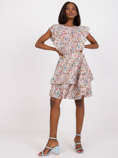 Beżowa sukienka z falbaną i nadrukiem w kwiaty ZULUNA