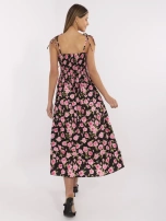 Black flared dress with flowers.