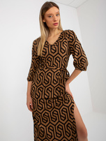 Hurt Camelowo-czarna midi sukienka z printami z wiskozy