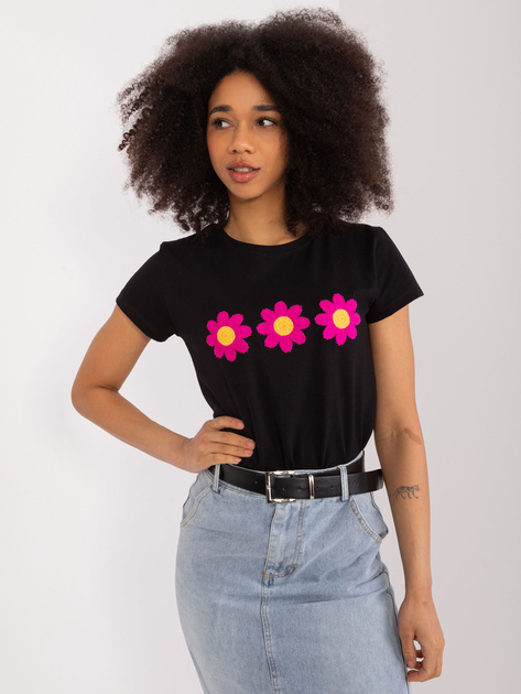 Hurt Czarny t-shirt z haftem w kwiaty BASIC FEEL GOOD