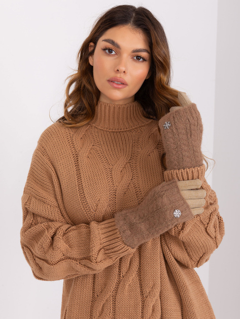 Hurt Ciemnobeżowe gładkie rękawiczki z dzianinowym ociepleniem