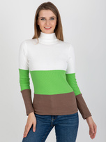 Hurtownia Ecru-jasnozielona prążkowana bluzka basic z golfem