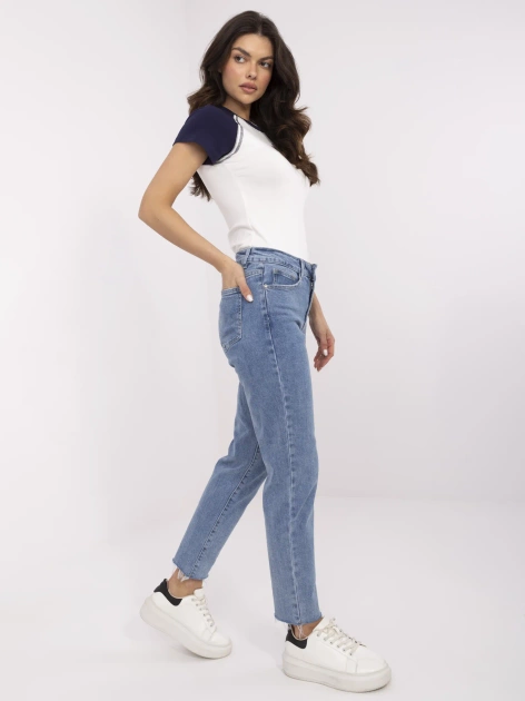 Niebieskie damskie jeansy mom stretch z kieszeniami