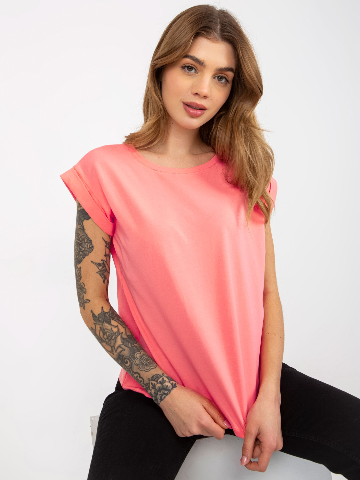 Brzoskwiniowy gładki t-shirt basic z bawełny Revolution