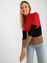 Hurt Czerwono-ciemnocamelowa bluzka basic z golfem w prążek