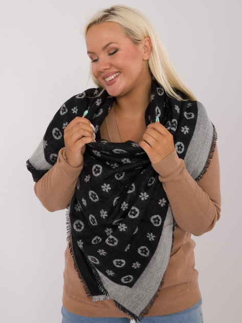 Hurtownia Czarno-szary duży szal damski ze wzorem i wełną