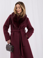 Burgundy double-breasted coat with fur.