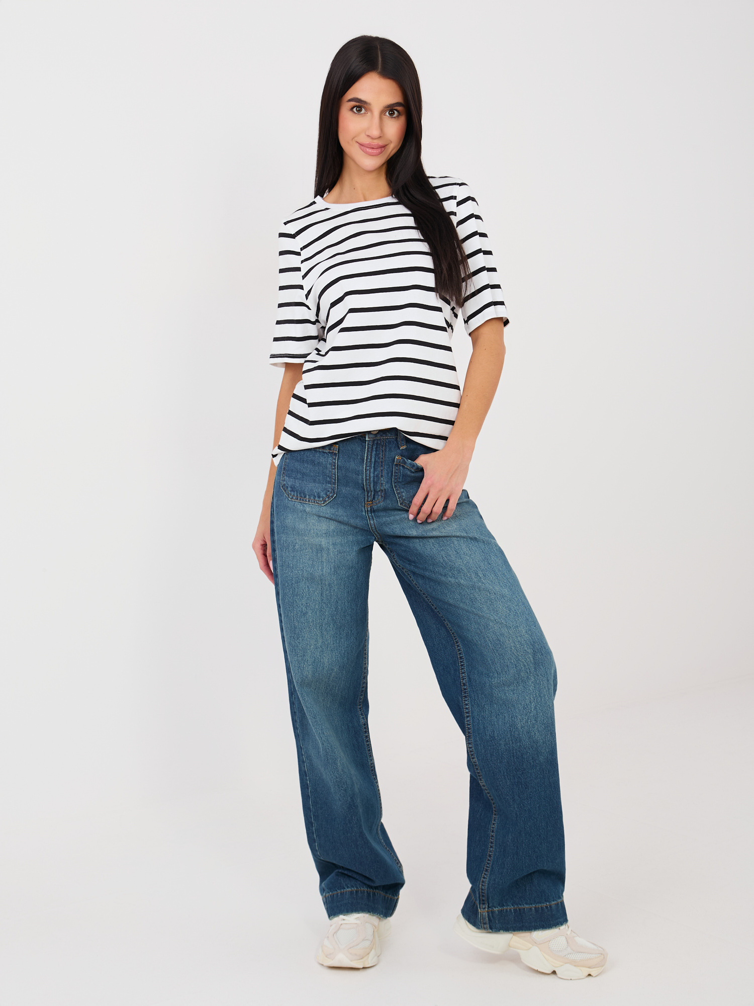 Biało-czarny damski t-shirt basic z bawełny RUE PARIS 