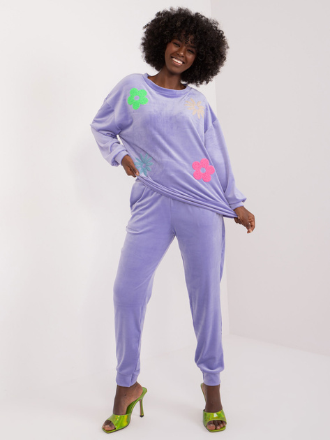 Hurt Jasnofioletowy komplet welurowy z bluzą w kwiaty