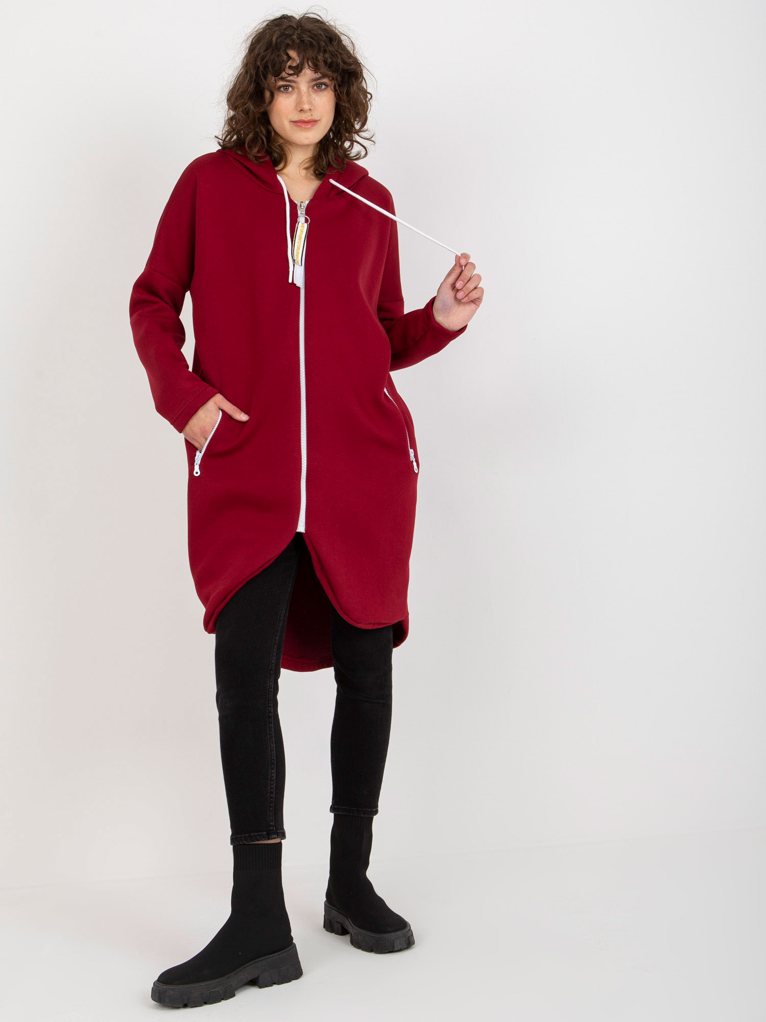 Bordowa długa rozpinana bluza basic z kapturem Stunning