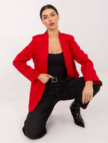 Red jacket with shoulder pads.