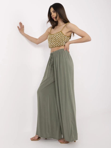 Khaki letnie spodnie z szeroką nogawką