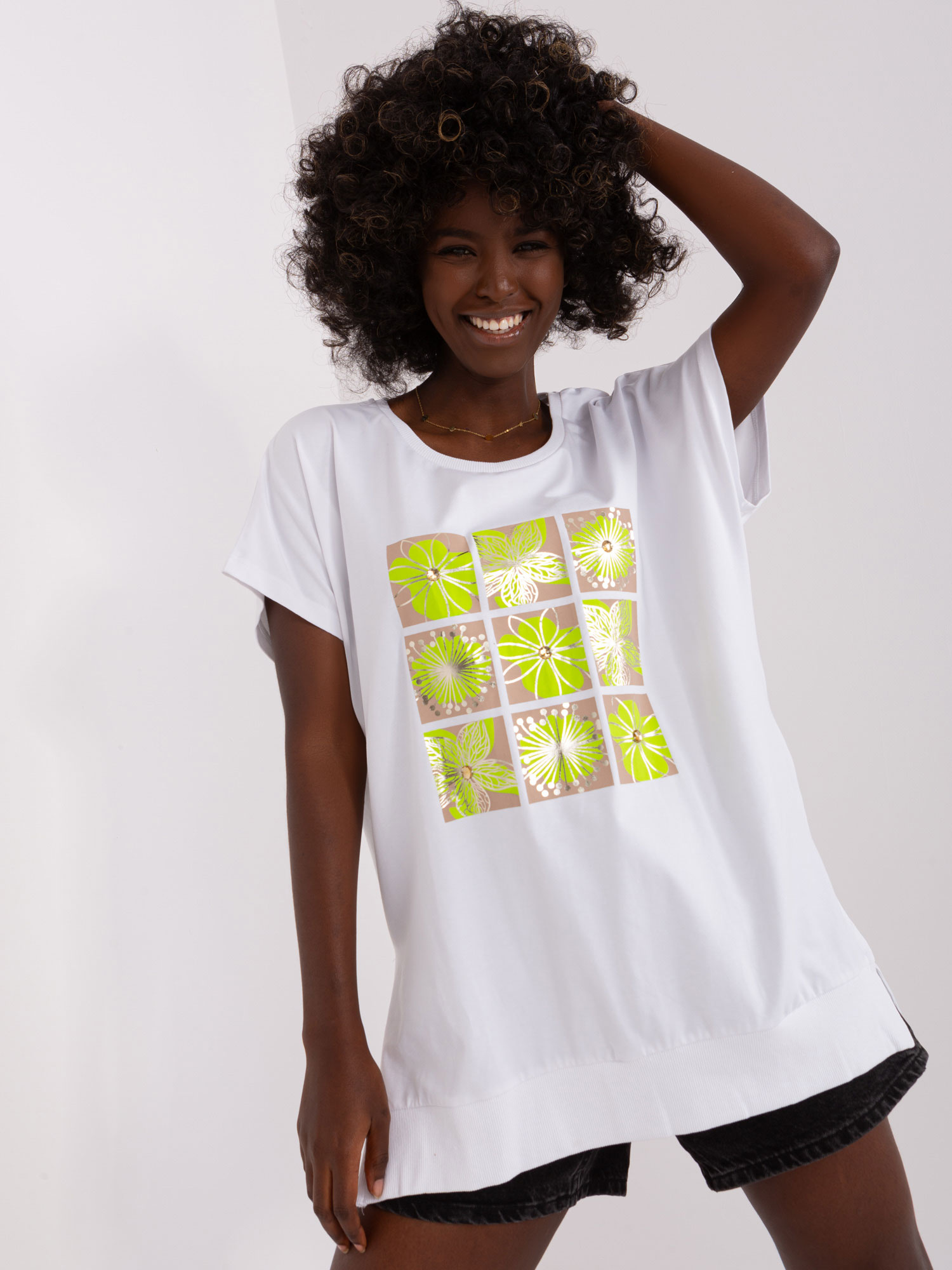 White and lime blouse with print and slits