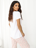 Ecru-jasnoróżowa bawełniana piżama z kapciami 