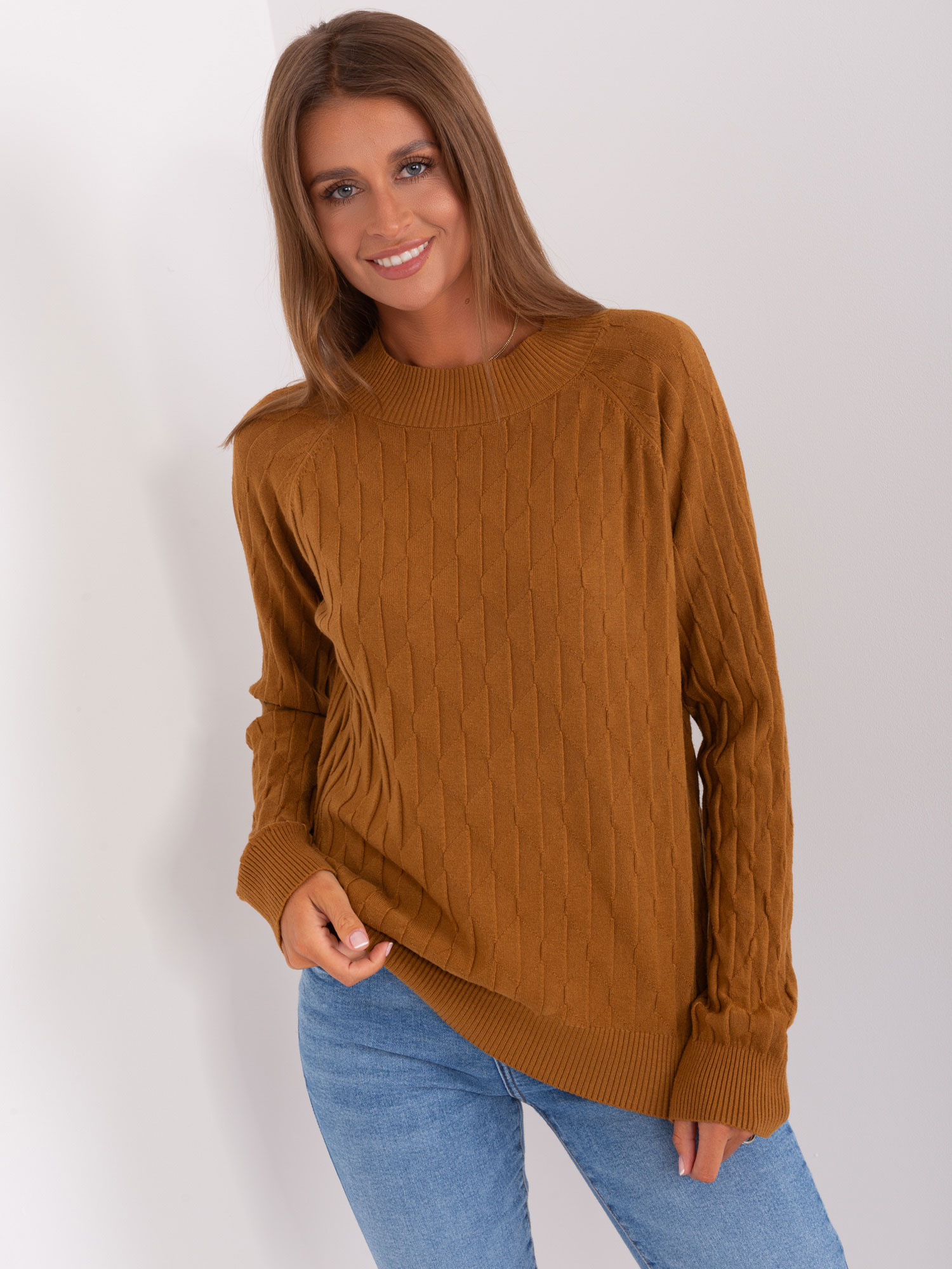 Light brown women's classic sweater with patterns