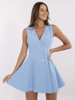 Blue cocktail dress with double-breasted buttons.
