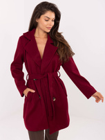 Bordowy damski płaszcz z kołnierzem RUE PARIS 