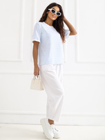 Biało-jasnoniebieski damski t-shirt z bawełny RUE PARIS