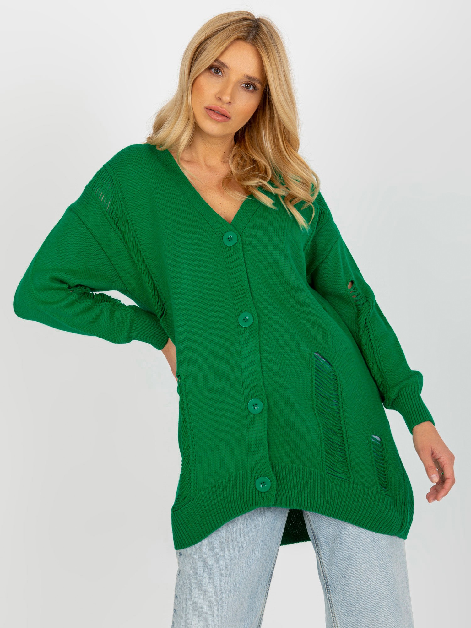 Zielony sweter rozpinany oversize z dziurami RUE PARIS