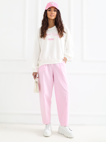 Jasnoróżowe sztruksowe spodnie z zakładkami RUE PARIS