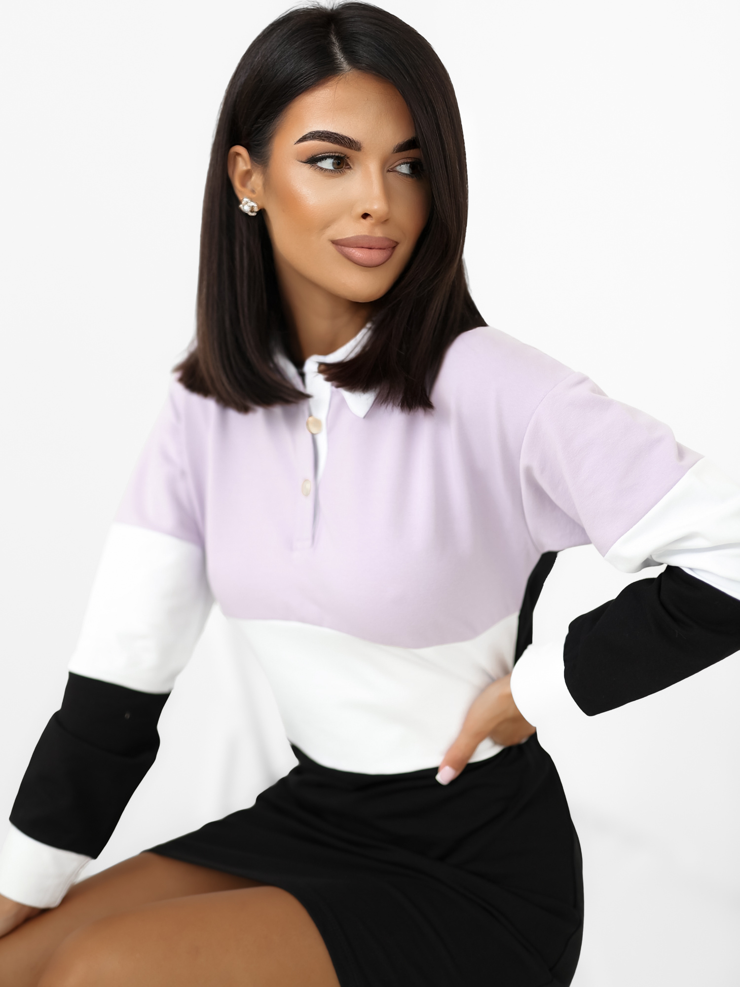 "Großhandel Lila-schwarzes einfaches Basic-Kleid mit Kragen RUE PARIS"
