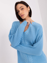 Light blue women's sweater with ribbed cuffs.