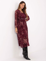 Burgundy pleated dress with flowers.