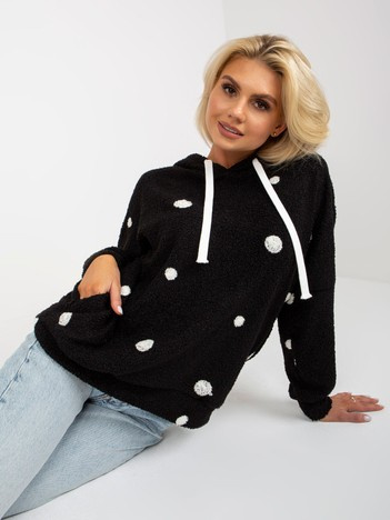 Hurtownia Czarna futrzana bluza w grochy z kapturem
