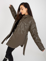 Hurtownia Khaki puchowa kurtka z ekoskóry z kieszeniami 