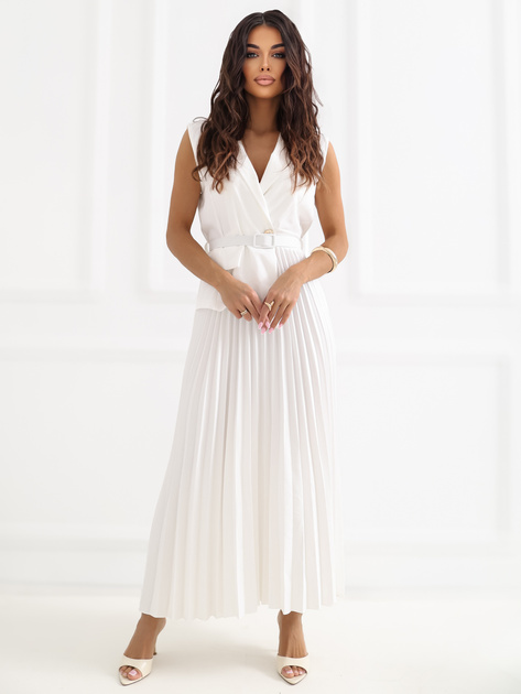 Ecru rozkloszowana sukienka z paskiem RUE PARIS