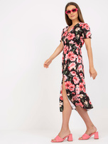 Czarna midi sukienka z kwiatowym printem i falbaną 