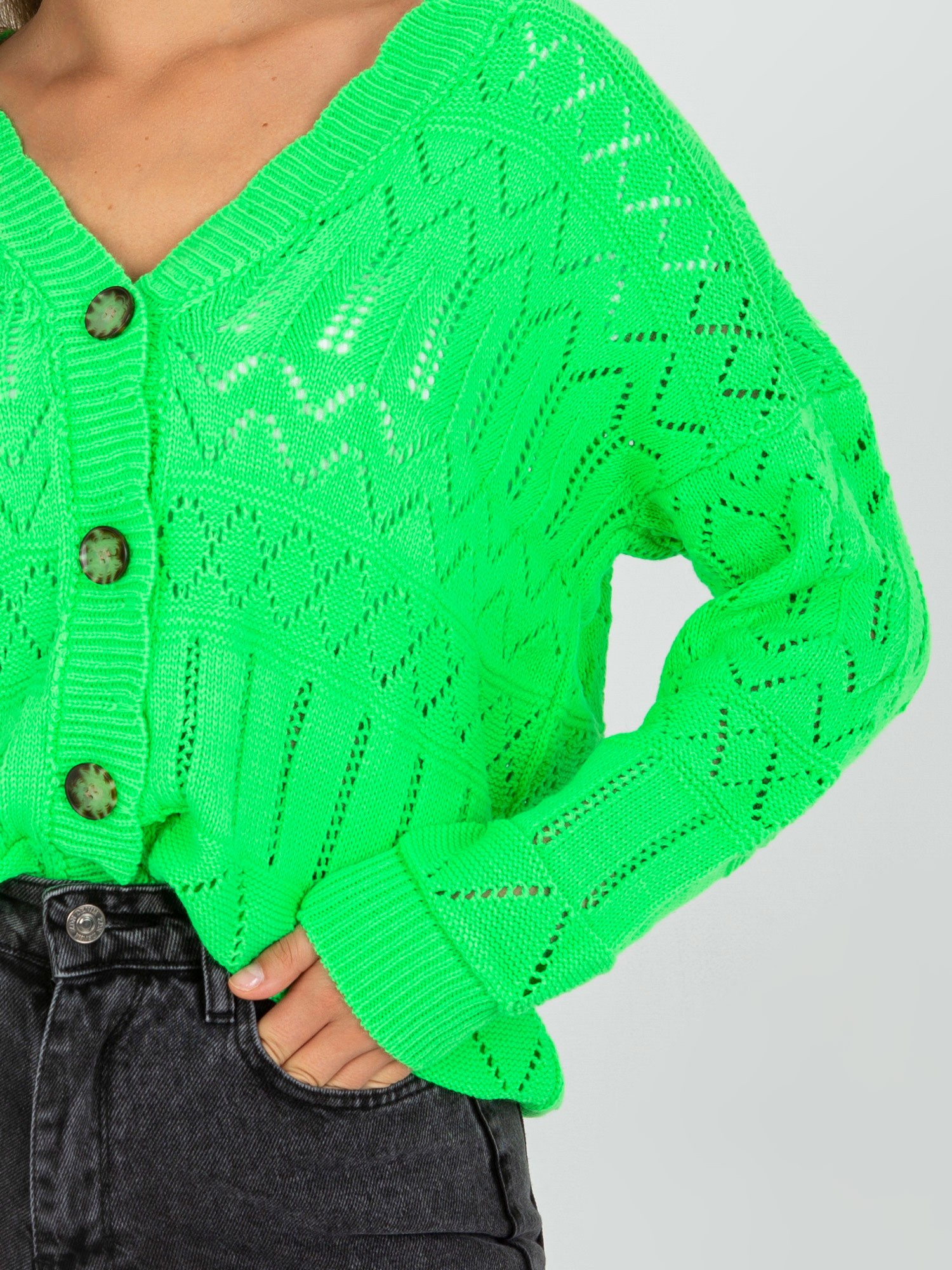 Fluo zielony ażurowy sweter letni z guzikami RUE PARIS