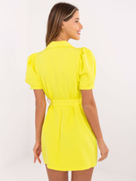 Yellow blazer dress with short sleeves.