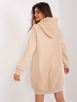 Beige insulated kangaroo hoodie with a hood.