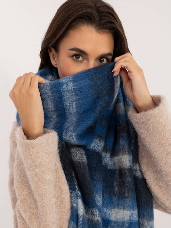 Dark blue-checkered scarf.
