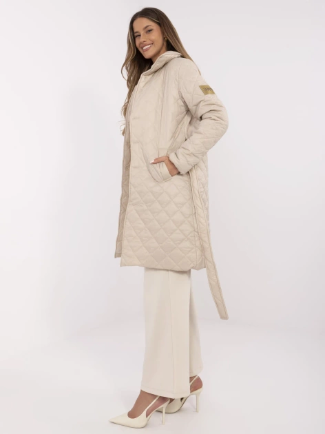 Hurt Beżowy przejściowy płaszcz damski z kieszeniami