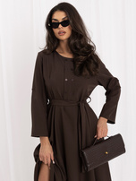 Chocolate flared dress with a waist tie.