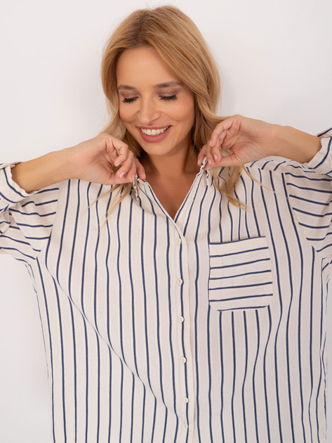 Hurt Kremowo-granatowa rozpinana koszula oversize z kieszenią