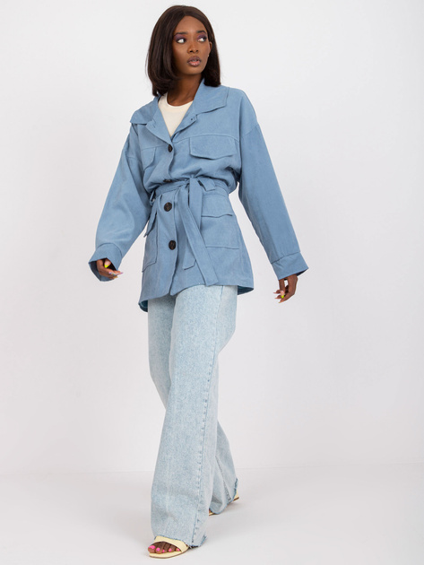 Niebieski krótki płaszcz z paskiem