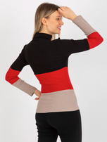 Hurt Czarno-ciemnobeżowa bluzka basic z golfem w prążek