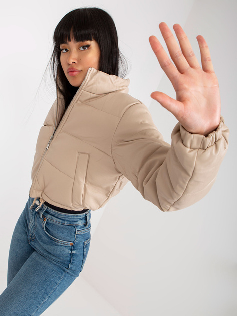 Hurt Jasnobeżowa krótka kurtka zimowa ze skóry ekologicznej