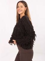 Ciemnobrązowy sweter oversize z frędzlami RUE PARIS 