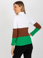 Hurt Ecru-zielona dopasowana bluzka basic z golfem w prążek