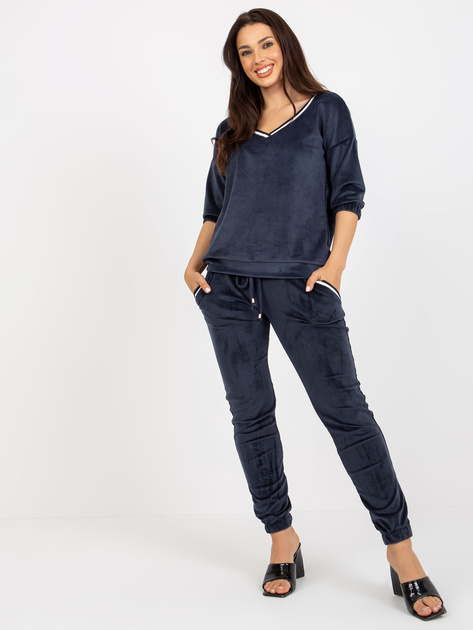 Hurt Granatowy damski komplet welurowy z rękawem 3/4