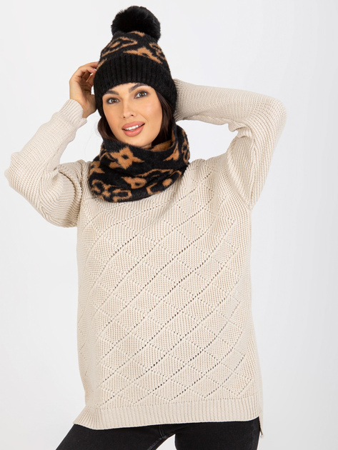 Hurt Czarno-camelowa damska czapka zimowa z pomponem