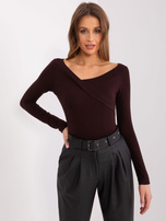 Hurtownia Ciemnobrązowa gładka damska bluzka z długim rękawem