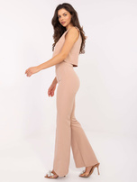 Beżowy elegancki komplet ze spodniami dzwonami